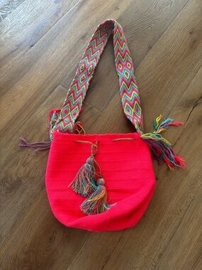 Wayuu bright Pink Boho Woven Shoulder Bag with Multicolor Strap